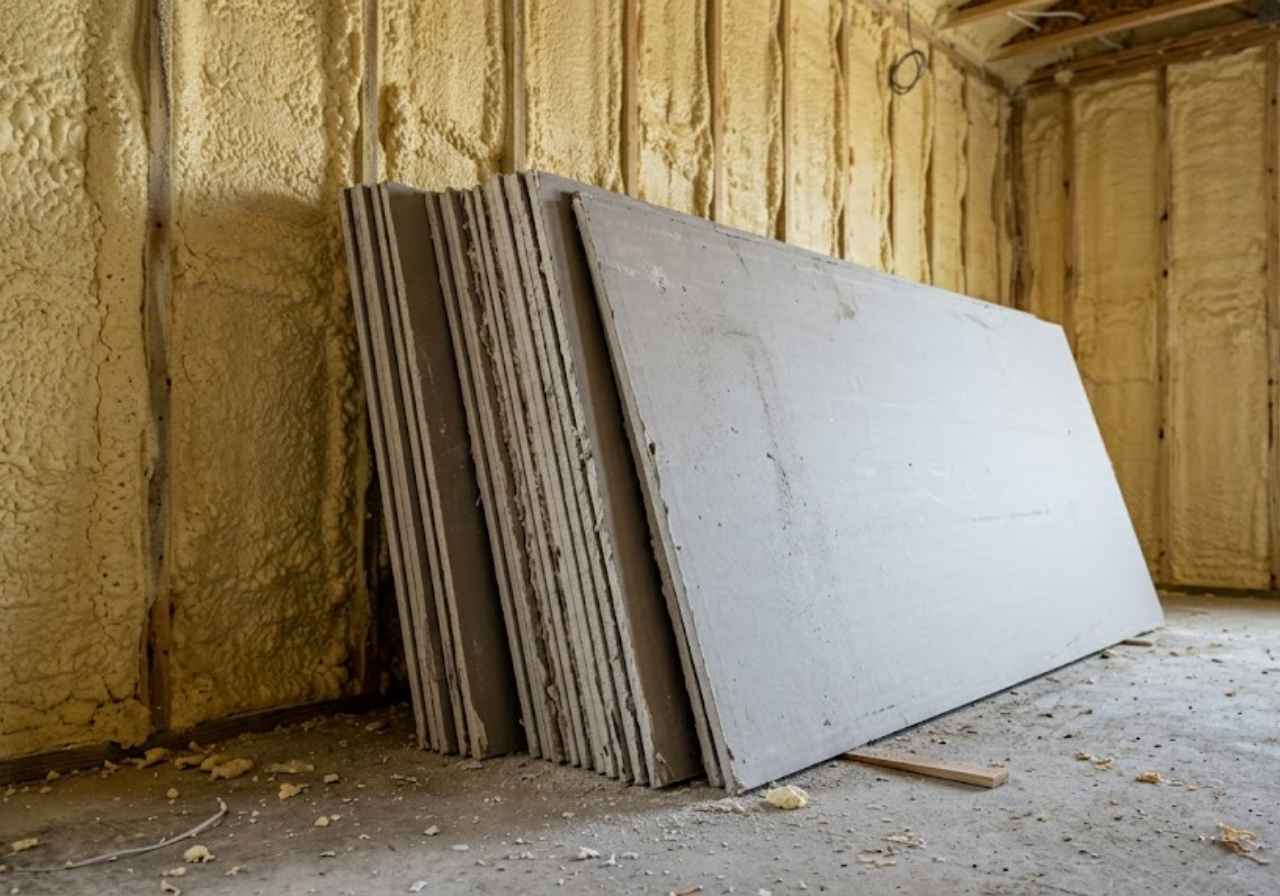 Stack of gray drywall sheets leaning against yellow foam-insulated walls in an unfinished construction space.