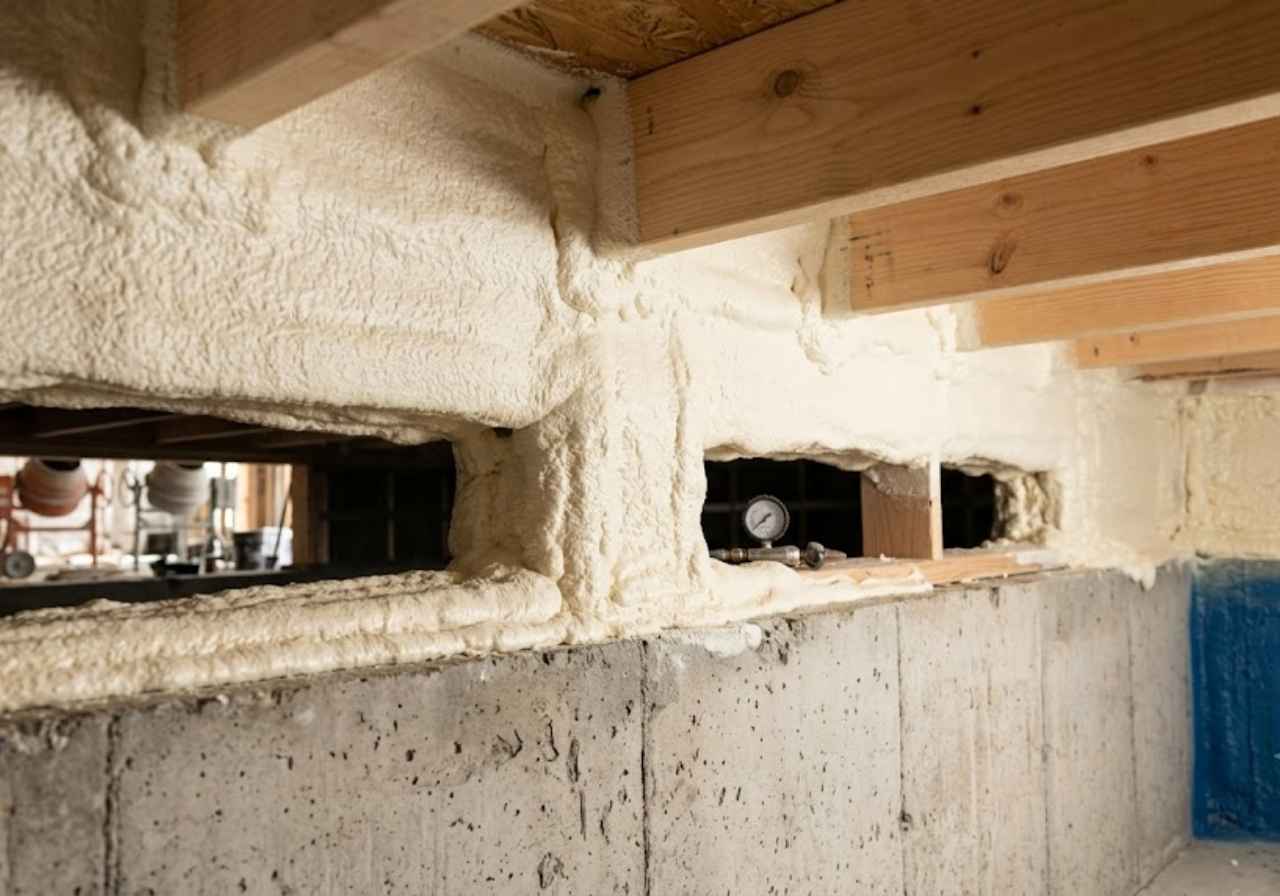 Spray foam insulation sealing the rim joist above a concrete foundation wall