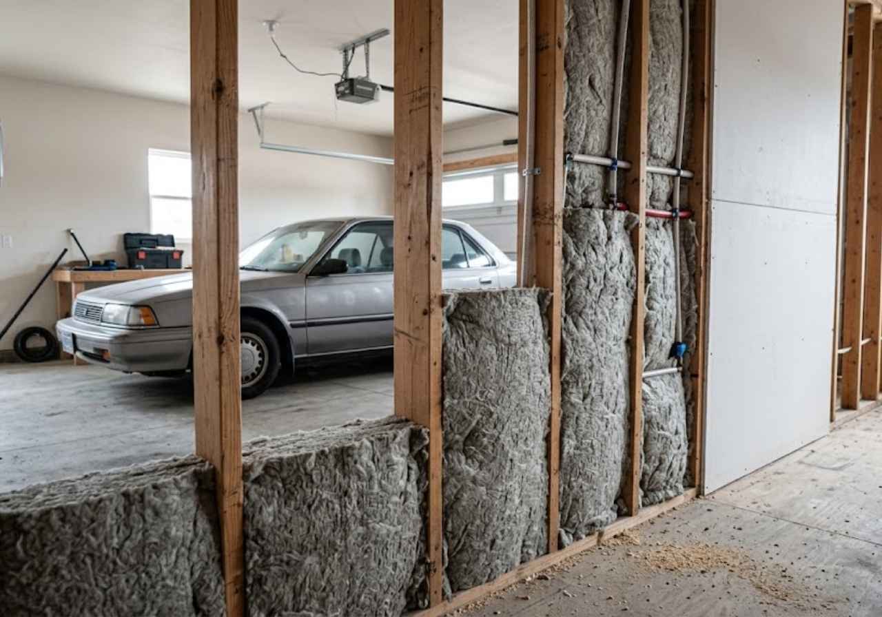 Mineral wool in a garage wall next to living space