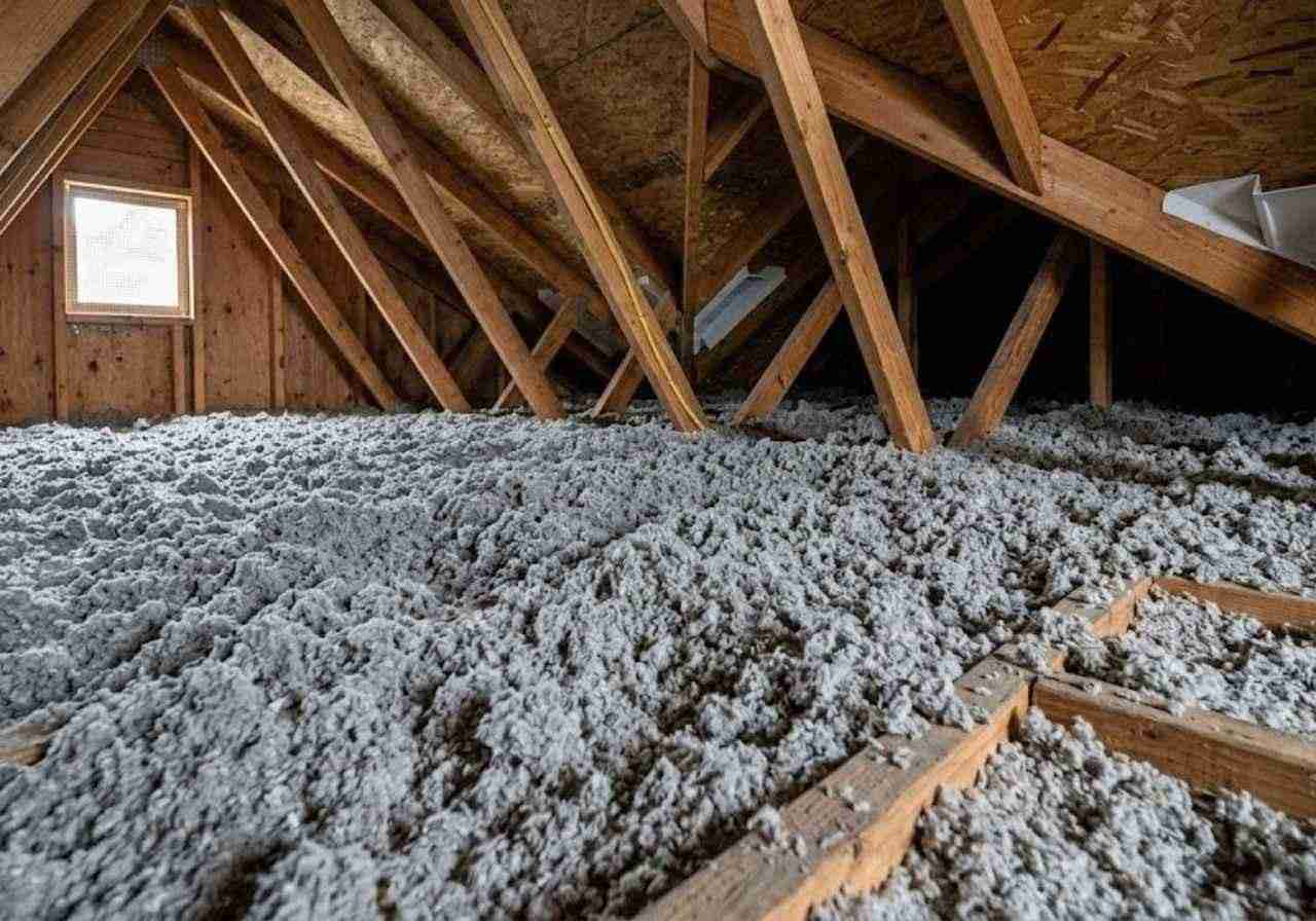 Blown cellulose insulation in a Denver attic
